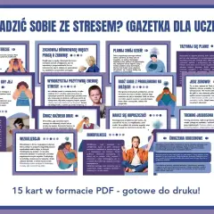 Jak radzić sobie ze stresem w nowej pracy? Gazetka dla uczniów z poradami: planuj dzień, jedz zdrowo, ćwicz, wizualizuj.