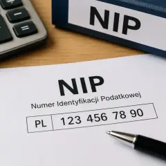 Dokument z numerem NIP, kalkulator i długopis. To numer identyfikacji podatkowej, czyli NIP.