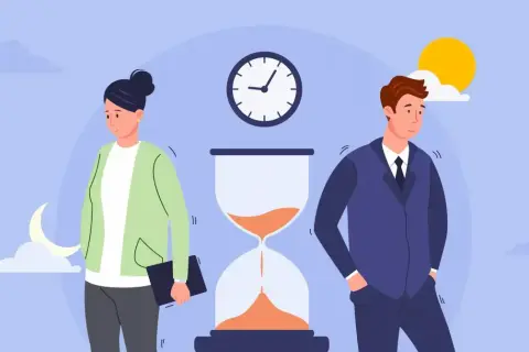 Kobieta i mężczyzna stoją obok klepsydry. Zegar nad nimi i księżyc z chmurami po lewej sugerują, że to cały tydzień pracy w Niemczech.