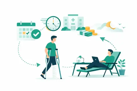 Ilustracja przedstawia proces rehabilitacji i finansowania. Zastanawiasz się, urlop rehabilitacyjny ile płatny? Obrazek pokazuje kalendarz, zegar, szpital, pieniądze i osobę na wózku.