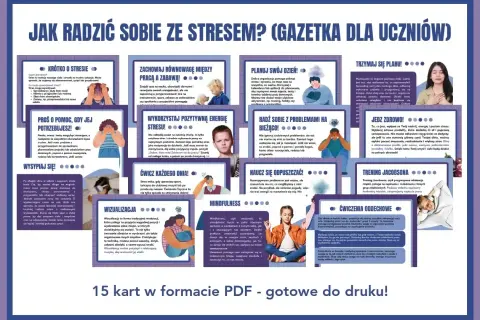 Jak radzić sobie ze stresem w nowej pracy? Gazetka dla uczniów z poradami: planuj dzień, jedz zdrowo, ćwicz, wizualizuj.