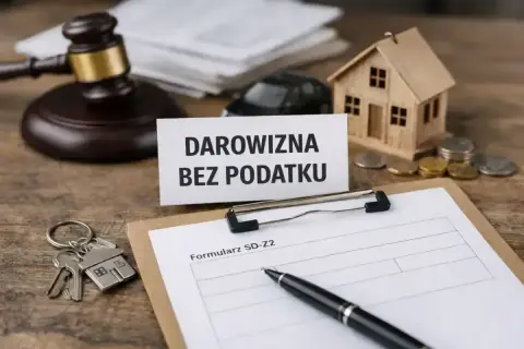 Klucze do domu, młotek sędziowski i tabliczka "Darowizna bez podatku" sugerują, że to ważny moment.