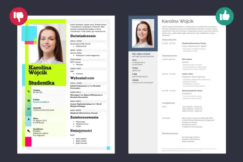 CV Karoliny Wójcik, studentki finansów i rachunkowości. Zawiera jej pierwsze CV po liceum, doświadczenie, wykształcenie i umiejętności.