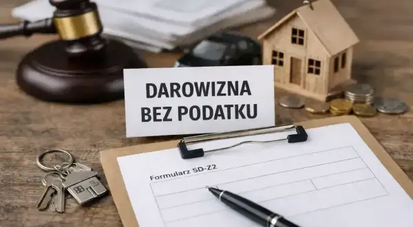 Klucze do domu, młotek sędziowski i tabliczka "Darowizna bez podatku" sugerują, że to ważny moment.