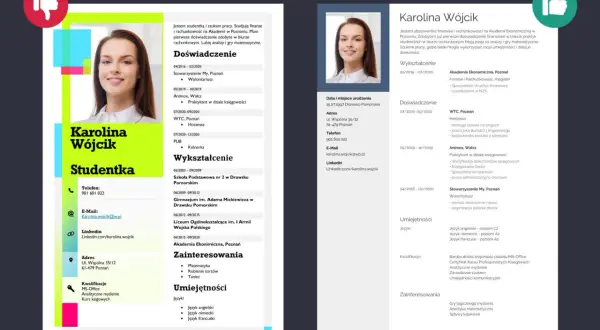 CV Karoliny Wójcik, studentki finansów i rachunkowości. Zawiera jej pierwsze CV po liceum, doświadczenie, wykształcenie i umiejętności.