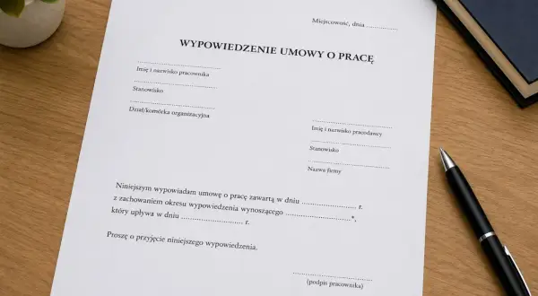 Dokument wypowiedzenia umowy o pracę, z polami do wypełnienia. Widać nagłówek "WYPOWIEDZENIE UMOWY O PRACĘ" i tekst o zachowaniu okresu wypowiedzenia.