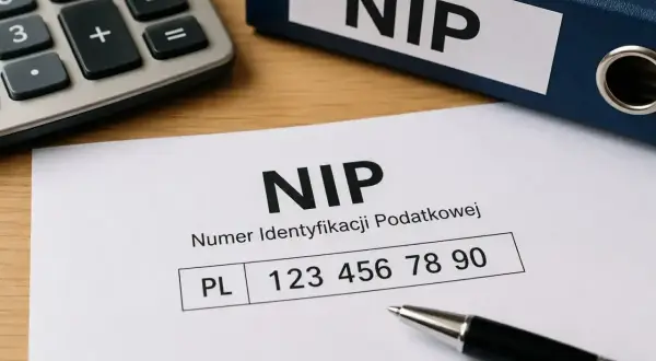 Dokument z numerem NIP, kalkulator i długopis. To numer identyfikacji podatkowej, czyli NIP.