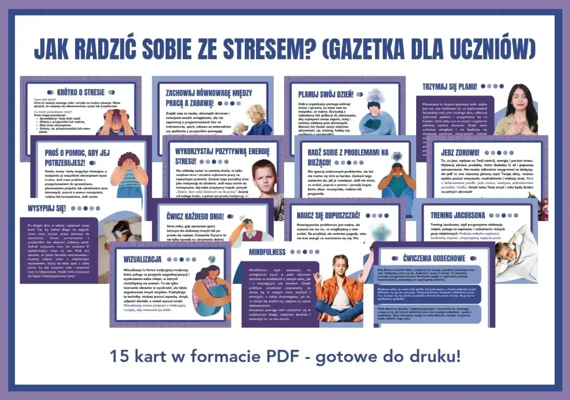 Jak radzić sobie ze stresem w nowej pracy? Gazetka dla uczniów z poradami: planuj dzień, jedz zdrowo, ćwicz, wizualizuj.