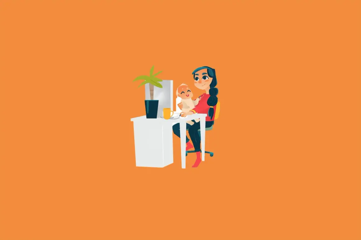 Mama z dzieckiem przy biurku, symbolizuje pracę zdalną i zasiłek macierzyński.