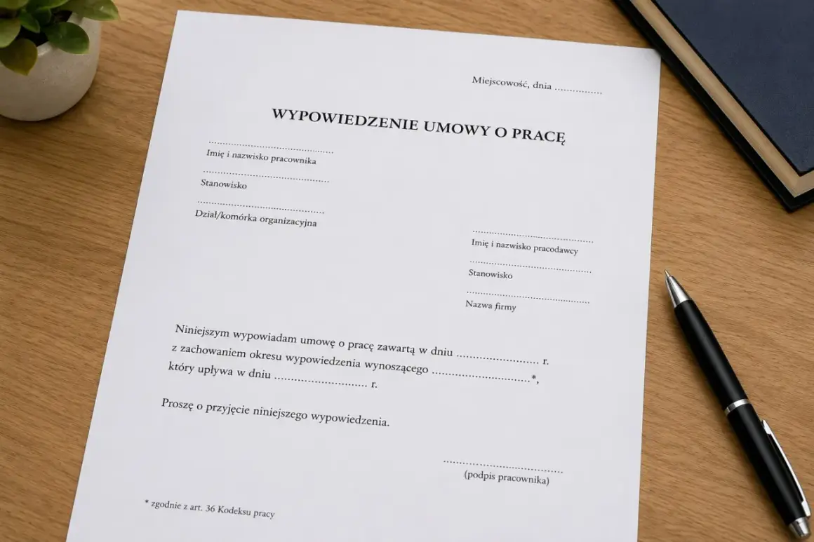 Dokument wypowiedzenia umowy o pracę, z polami do wypełnienia. Widać nagłówek "WYPOWIEDZENIE UMOWY O PRACĘ" i tekst o zachowaniu okresu wypowiedzenia.