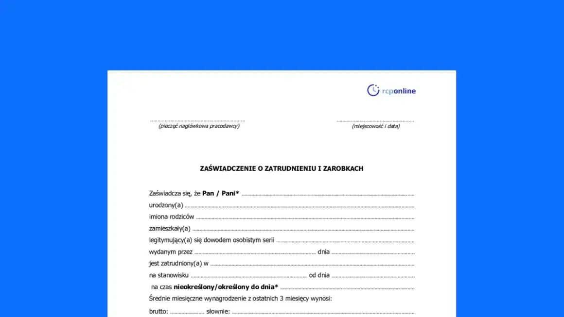 Zaświadczenie o zatrudnieniu i zarobkach, zawierające informację dodatkową do umowy o pracę.