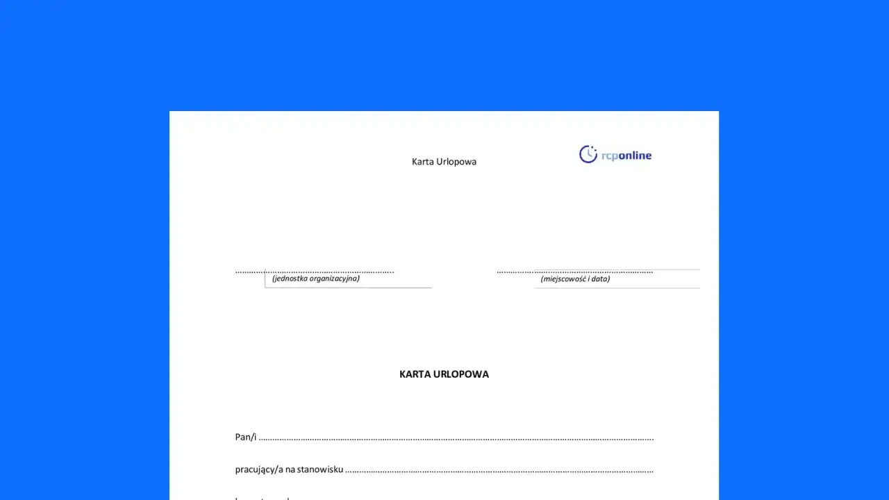 Karta urlopowa z logo rcponline. Dokument zawiera pola do wypełnienia, m.in.