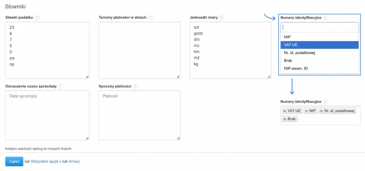 Wybieranie numerów identyfikacyjnych, w tym NIP, VAT UE i numeru podatkowego.