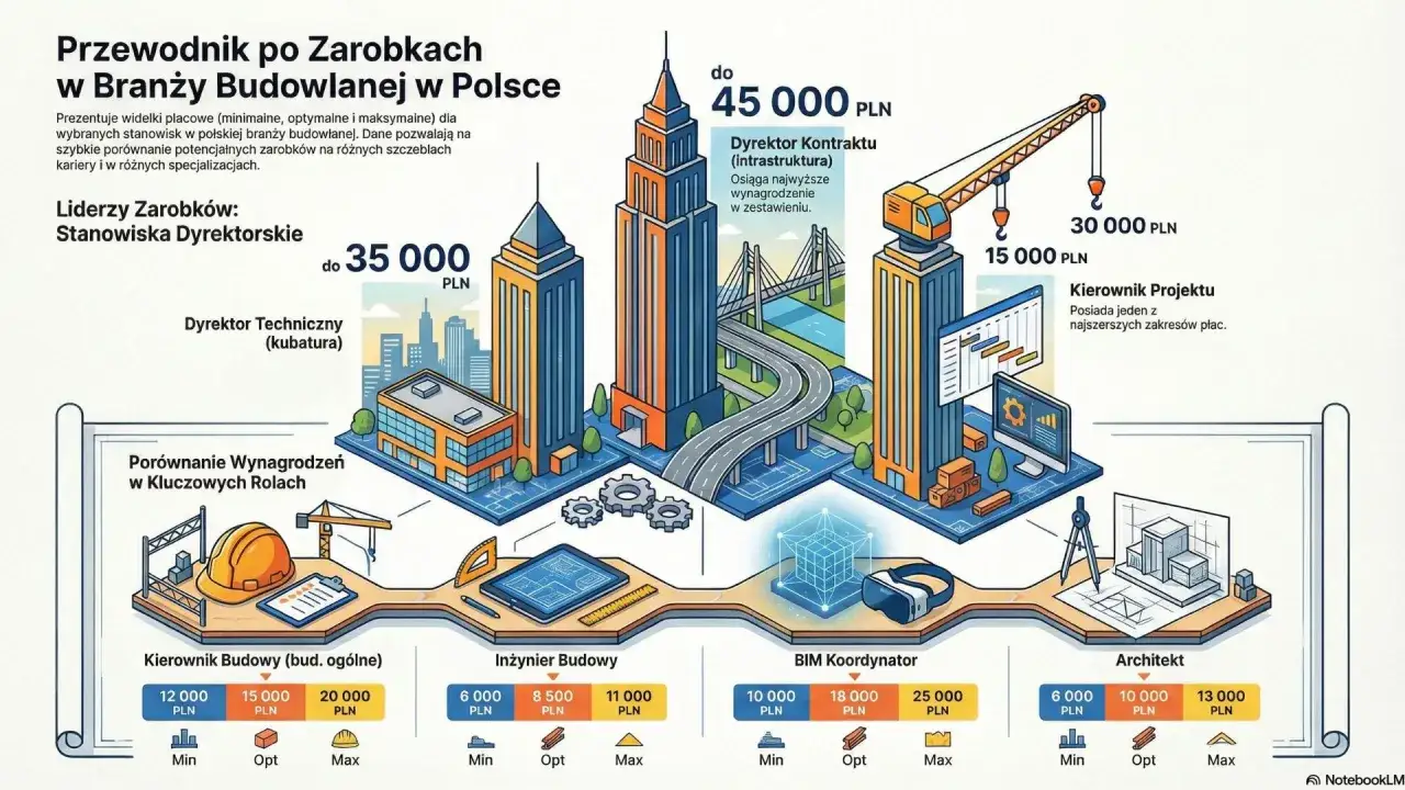 Przewodnik po zarobkach w budownictwie: ile zarabia budowlaniec netto? Wykres pokazuje widełki płacowe dla r&oacute;żnych stanowisk, od inżyniera po dyrektora.