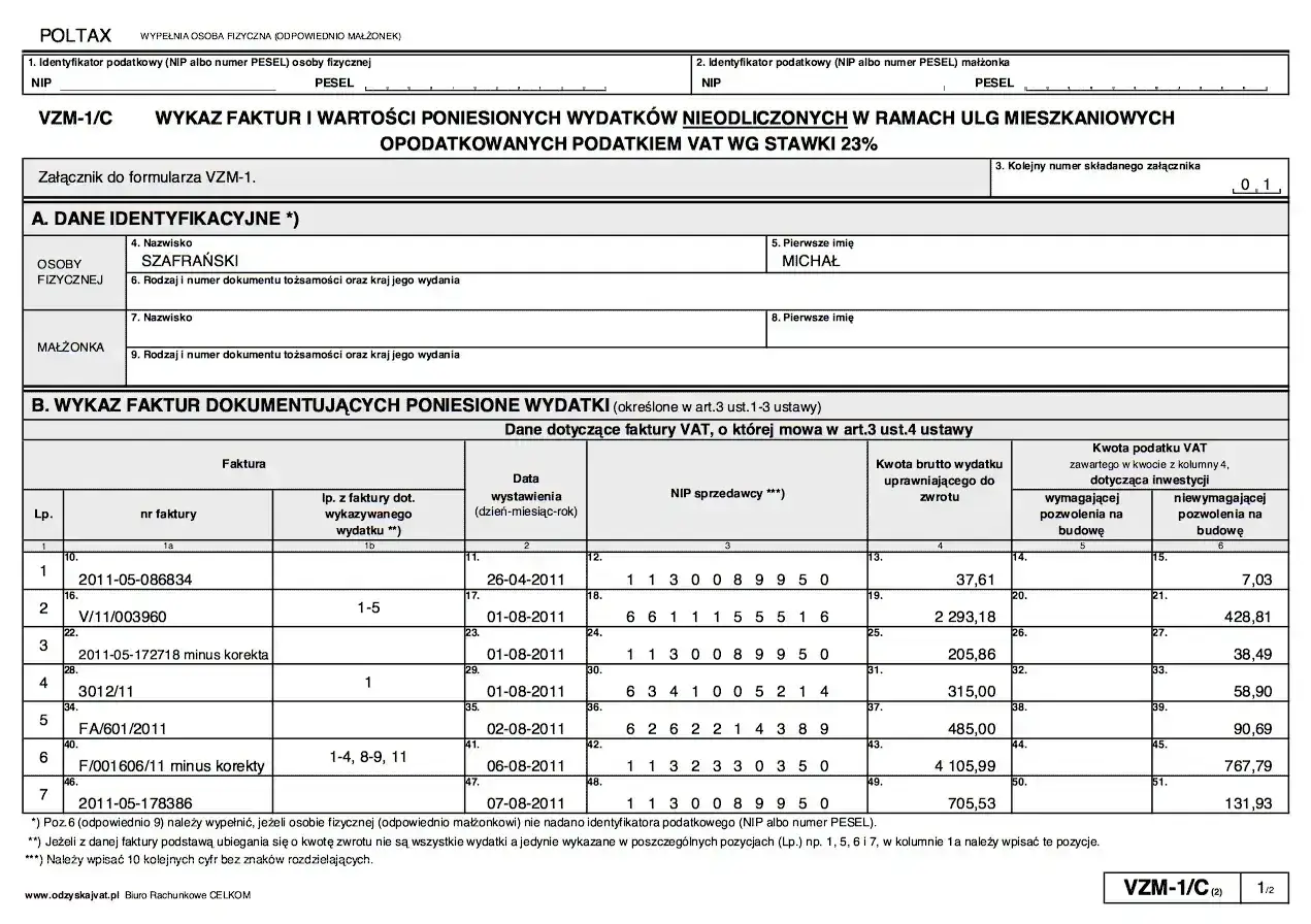 Formularz VZM-1/C, wykaz faktur VAT dokumentujących wydatki na remont mieszkania, które można odliczyć od podatku.