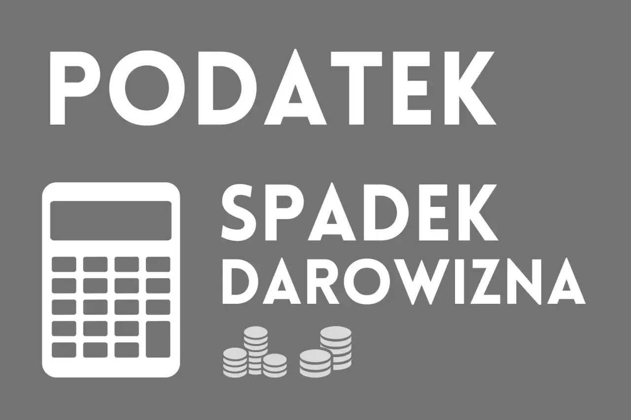 Grafika z napisem "PODATEK SPADEK DAROWIZNA", kalkulatorem i monetami.