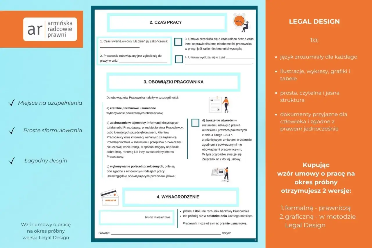 Fragment umowy o pracę na okres próbny z nagłówkiem "2. CZAS PRACY" i ikoną zegara.