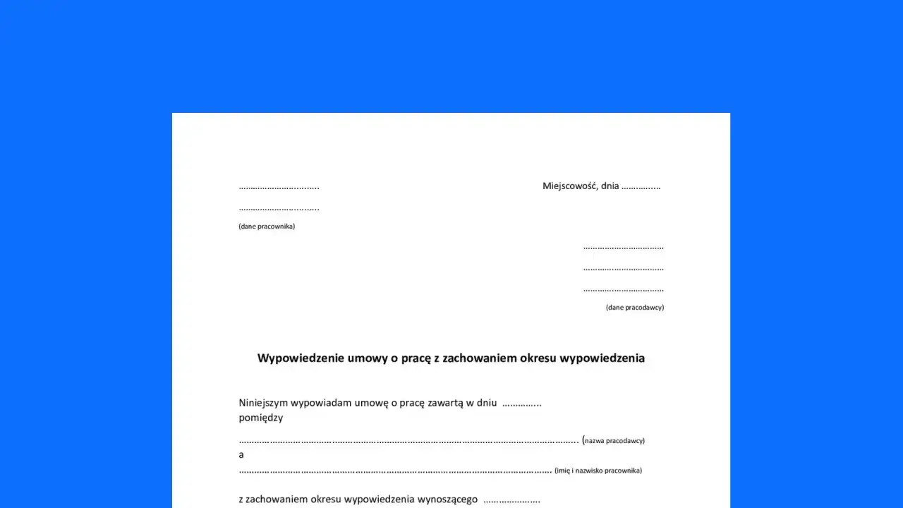 Dokument wypowiedzenia umowy o pracę z zachowaniem okresu wypowiedzenia. Dotyczy sytuacji, gdy pracownik lub pracodawca decyduje się zakończyć współpracę, uwzględniając okres próbny wypowiedzenie.