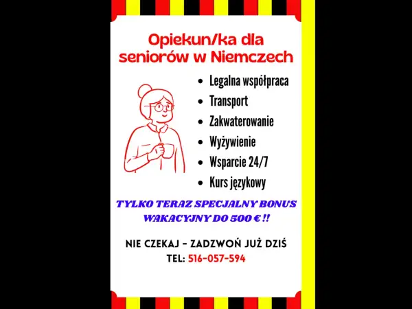 Praca w Niemczech z zakwaterowaniem i wyżywieniem dla opiekunów seniorów. Legalna współpraca, transport, wsparcie 24/7, kurs językowy. Bonus wakacyjny! Zadzwoń!