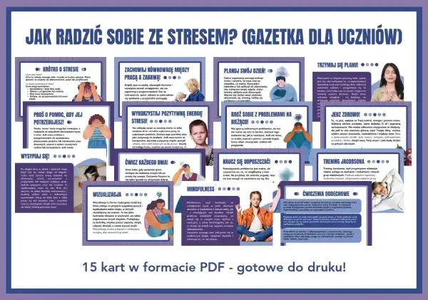 Jak radzić sobie ze stresem w nowej pracy? Gazetka dla uczniów z poradami: planuj dzień, jedz zdrowo, ćwicz, wizualizuj.