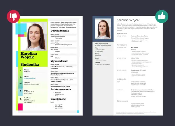 CV Karoliny Wójcik, studentki finansów i rachunkowości. Zawiera jej pierwsze CV po liceum, doświadczenie, wykształcenie i umiejętności.